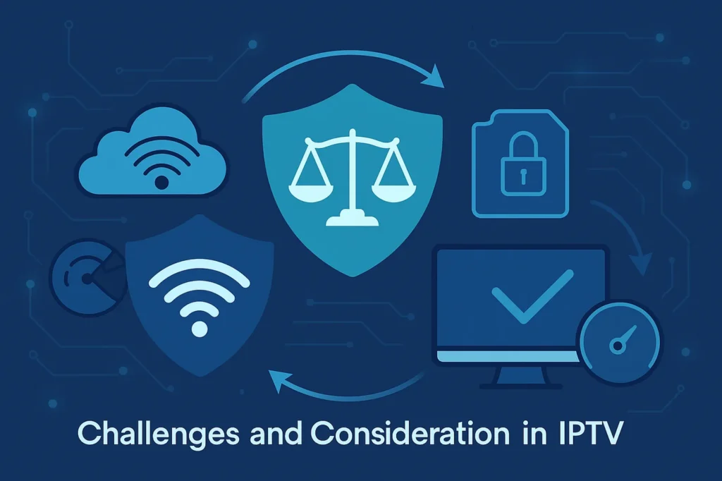 Illustration representing IPTV restreaming challenges, featuring icons for bandwidth management, legal balance, data security, and system performance monitoring.