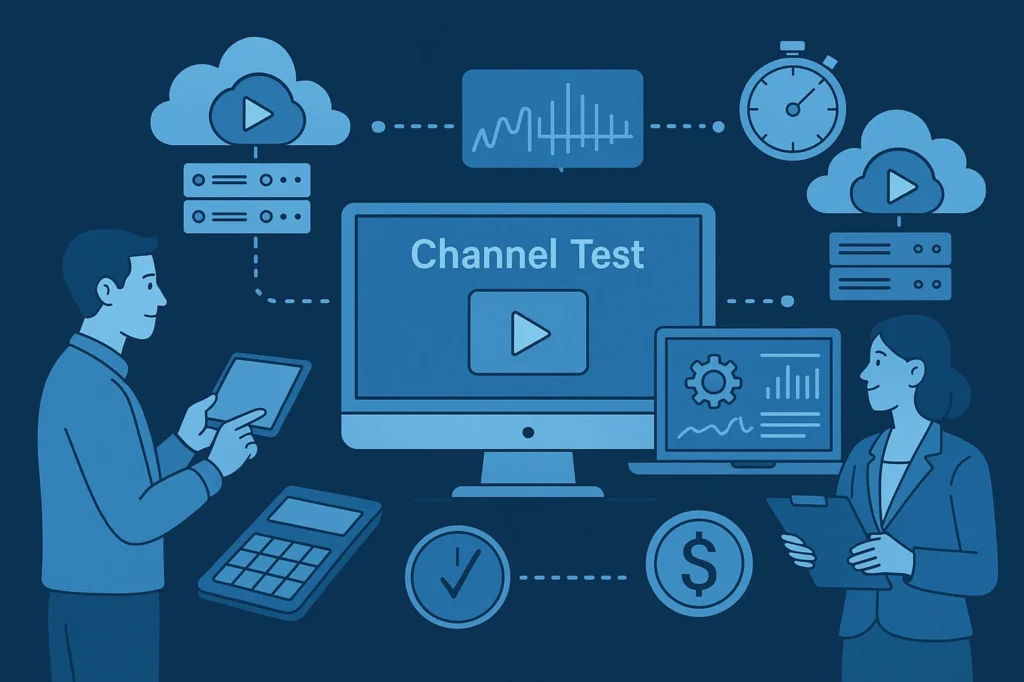 Illustration showing side-by-side IPTV provider comparison, featuring channel testing, latency and bitrate evaluation, and long-term value assessment through analytic screens and server icons.