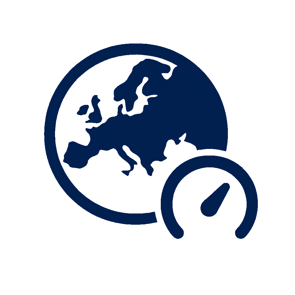 A navy blue flat vector icon of a globe with a speed gauge, representing IPTV Restream HUB’s enterprise-level performance and low-latency global streaming network.