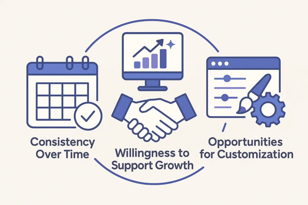 Illustration showing long-term business partnership elements including consistent performance, growth support, and customization options represented through connected servers, gears, and collaboration icons.