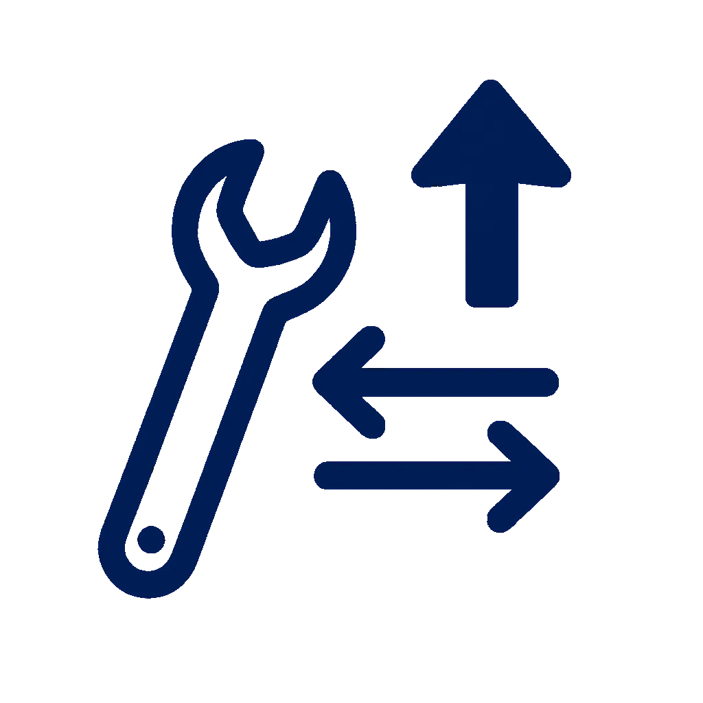 A navy blue flat vector icon showing a wrench with up and sideways arrows, symbolizing flexible scaling and easy adjustment of IPTV connections.