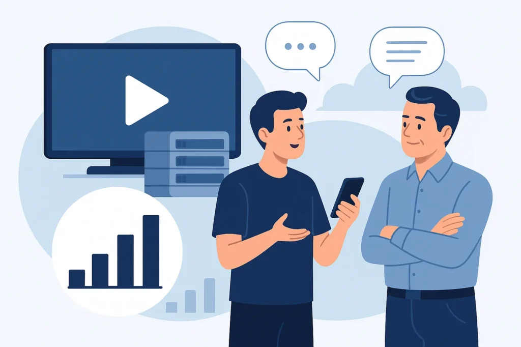 Illustration showing a stable IPTV ecosystem prioritizing long-term reliability over volume, with transparent communication and trustworthy connections between servers and operators.
