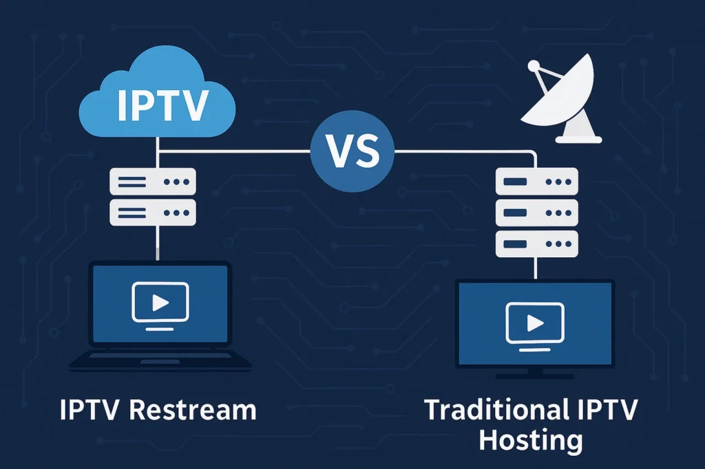 Illustration comparing IPTV restream with traditional IPTV hosting using visual icons like cloud streaming, servers, satellite dish, and playback devices on a split design.