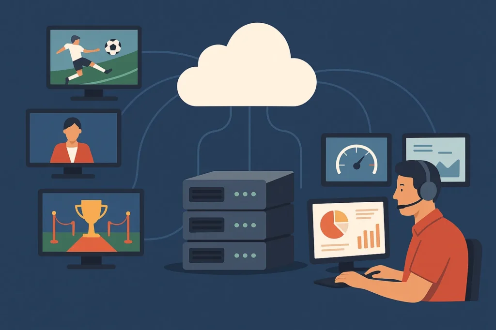 Illustration showing multiple streaming sources feeding into a central hub, intelligent load balancing across servers, and continuous monitoring systems ensuring stable IPTV delivery.