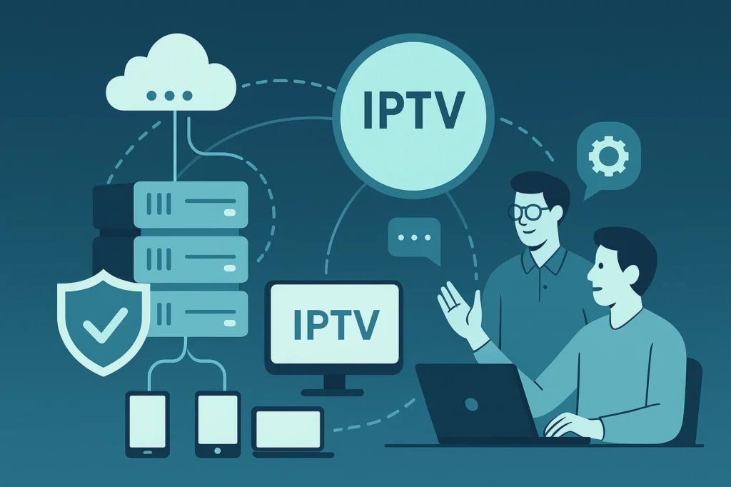 Illustration showing IPTV Restream HUB integrated into an IPTV strategy with stable server infrastructure, reliable streaming paths, and supportive operator-focused guidance working together.