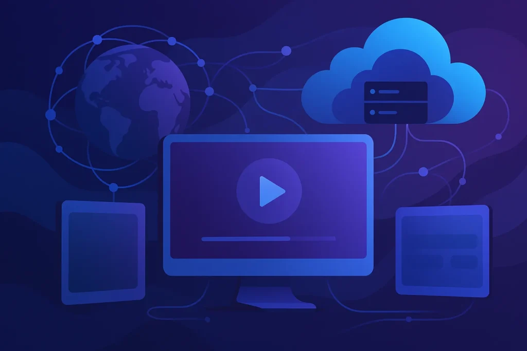 Abstract wide digital illustration featuring glowing blue and cyan network lines, cloud servers, and connected screens representing global streaming technology.