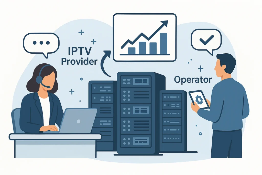 Illustration showing a collaborative partnership between operators and technical teams, featuring human interaction, server performance improvements, and shared progress visuals.