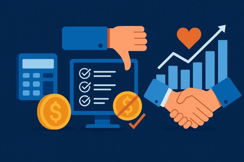 Illustration showing balanced pricing, value comparison, and long-term partnership benefits using icons of coins, scales, checkmarks, and connected business elements.