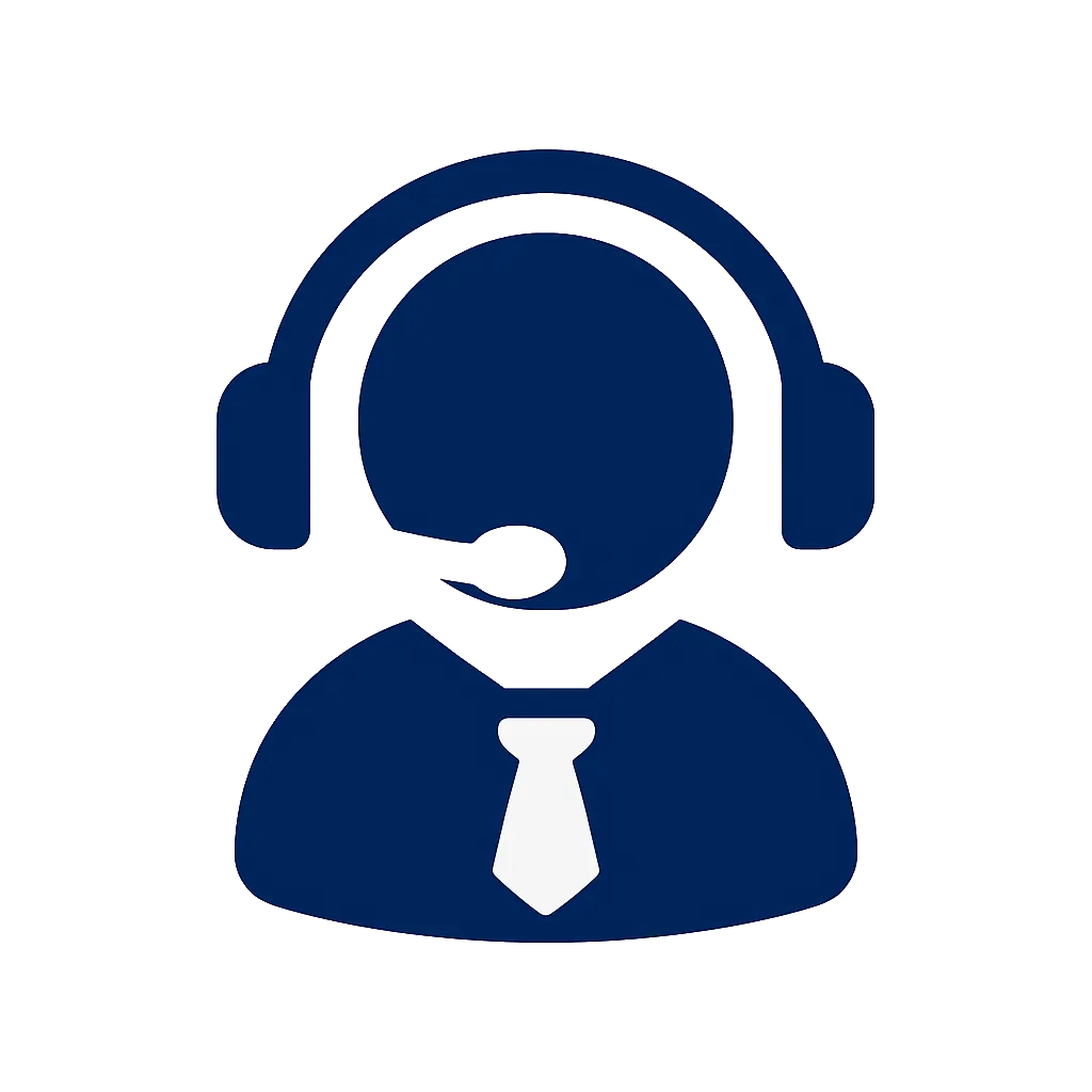 A navy blue flat vector icon of a professional support representative wearing a headset and tie, symbolizing expert IPTV restream technical team assistance.