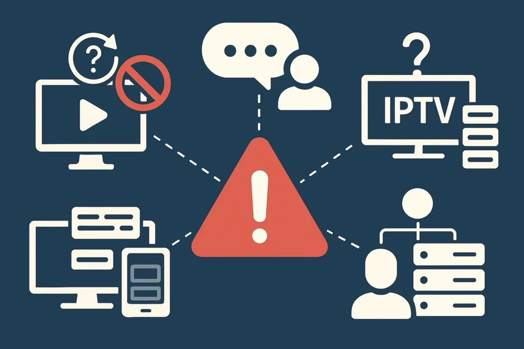Illustration representing IPTV provider red flags, including unstable links, poor communication, generic channel lists, and hidden infrastructure using warning icons and server graphics.