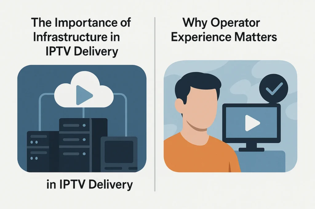 Illustration showing a stable IPTV infrastructure with powerful servers, optimized routing, and an experienced operator overseeing performance and reliability.