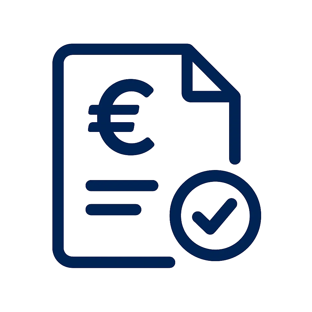 A navy blue flat vector icon showing a euro symbol on a document with a checkmark, representing transparent billing and clear pricing.